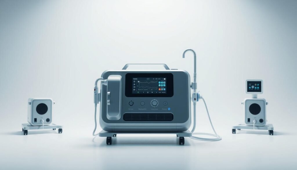 A high-tech medical device arrangement featuring an iCareCPAP sleep apnea machine seamlessly integrated with a state-of-the-art respiratory ventilator. The scene is set against a clean, minimalist backdrop, bathed in soft, diffuse lighting to emphasize the sleek, modern design. The devices are positioned in a harmonious, symmetrical layout, conveying a sense of advanced medical technology and intelligent connectivity. The overall composition exudes a calm, clinical atmosphere, reflecting the precision and efficiency of the latest smart respiratory care solutions.