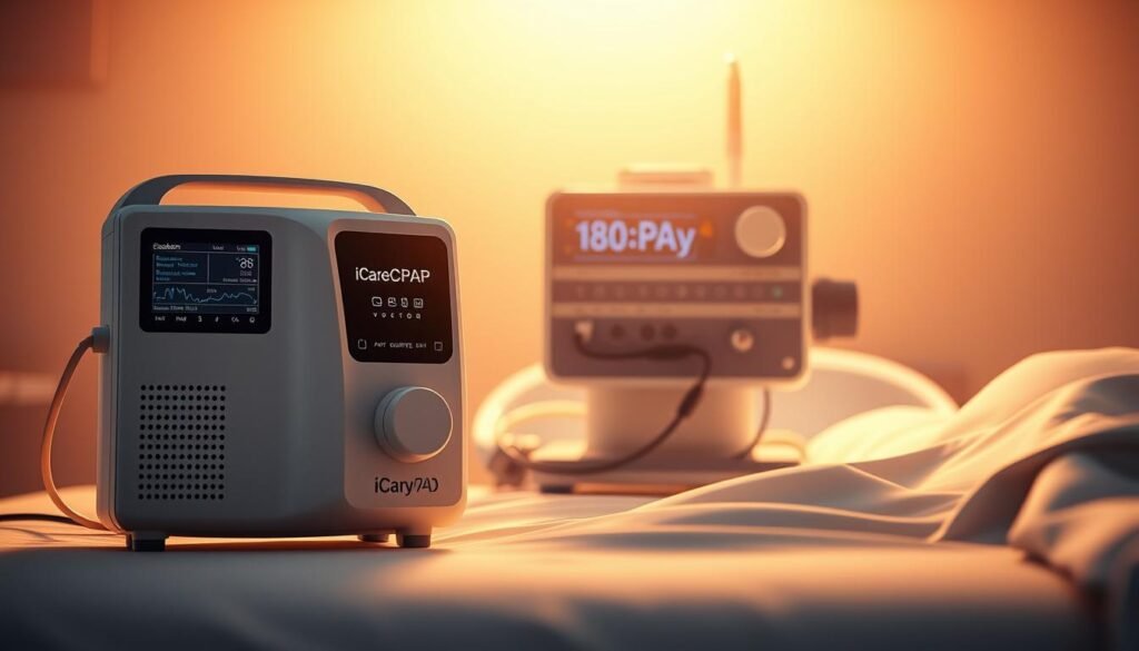 A highly detailed and technically accurate rendering of a sleep apnea CPAP machine seamlessly connected to a medical ventilator, bathed in warm, diffused lighting. The iCareCPAP device is elegantly positioned in the foreground, its sleek design and intuitive controls clearly visible. In the middle ground, the ventilator unit is showcased, its various ports and interfaces neatly integrated with the CPAP system. The background gently fades into a serene, clinical setting, conveying a sense of professionalism and advanced medical care. The overall composition highlights the intelligent, harmonious integration of these two critical respiratory devices, reflecting the innovations in sleep apnea management and respiratory healthcare.