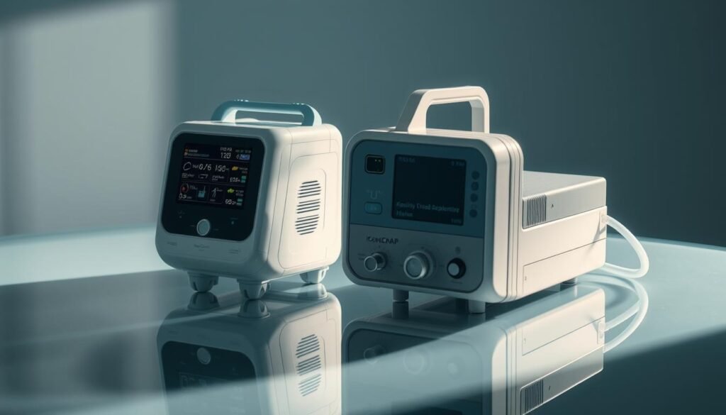 A professional-grade medical equipment setup featuring an intelligent iCareCPAP sleep apnea device and a state-of-the-art hospital-grade respiratory ventilator, artfully arranged on a reflective glass surface. The devices are bathed in soft, directional lighting, casting subtle shadows and highlights that accentuate their sleek, modern designs. The overall composition conveys a sense of advanced medical technology seamlessly integrated to provide remote monitoring and adjustment capabilities for sleep and respiratory care.