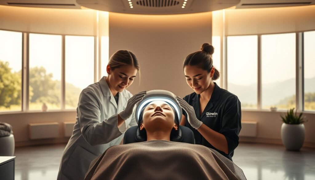A serene, modern medical spa with a sleek, minimalist aesthetic. Crisp, directional lighting from large windows bathes the space in a warm, natural glow. In the center, a futuristic-looking medical device, the "Glowin Beaute" Oligio X 原美電波, emits a gentle, pulsating light. Skilled technicians meticulously apply the treatment to a model's face, their expressions one of tranquil relaxation. The background subtly fades to reveal a lush, natural landscape, hinting at the device's rejuvenating effects. An air of clinical professionalism and technological sophistication pervades the scene, reflecting the Oligio X 原美電波's ability to deliver immediate and long-lasting beauty benefits to the busy urban consumer.