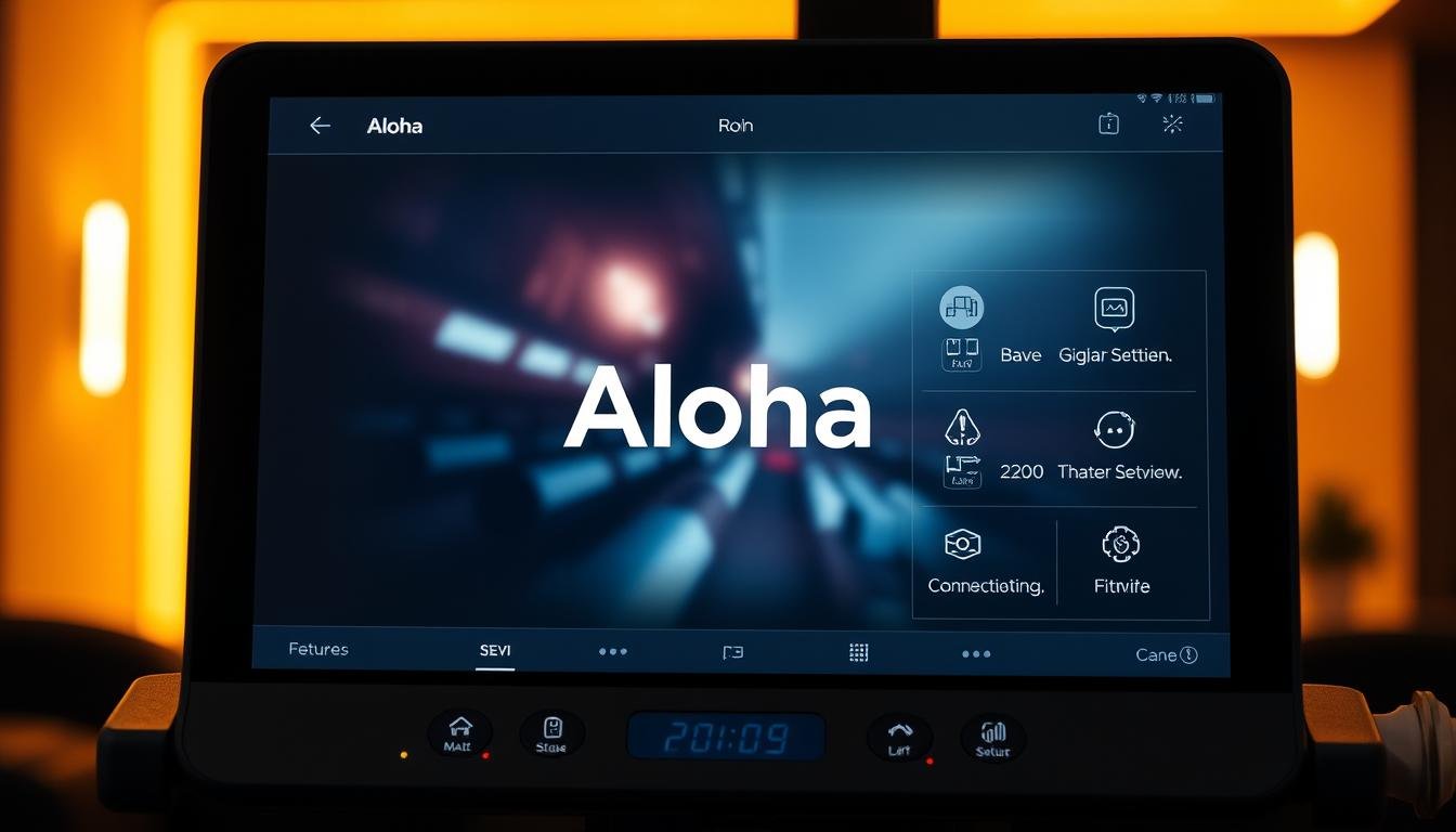 A sleek and modern LED subtitling machine app interface, featuring the Aloha brand name prominently displayed. Intuitive controls and customizable settings in the foreground, with a minimalist user experience. The middle ground showcases a live video feed or preview of the output, while the background subtly highlights the app's connectivity options and cloud-based features. Warm, inviting lighting and a sophisticated color palette convey a sense of intelligent, hassle-free operation. Crisp details, clean lines, and responsive touch controls create an impression of a seamless, cutting-edge subtitling solution for the digital age.