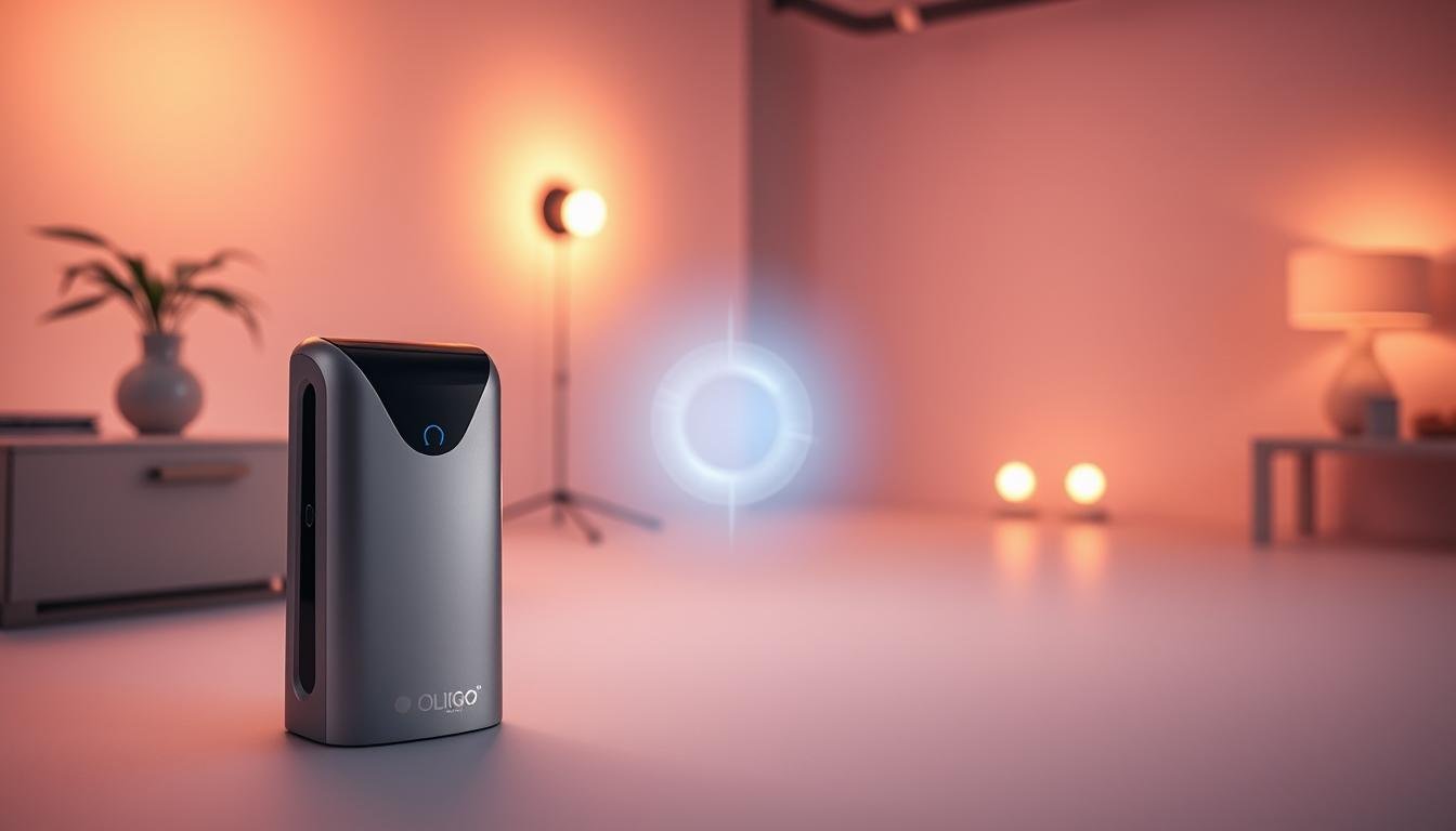 A sleek and modern product display showcasing the Oligio X 原美電波technology from Glowin' Beaute. The foreground features the Oligio X device itself, with a minimalist and high-tech design in muted tones of silver and black. The middle ground shows the device emitting a gentle, glowing energy field, creating a sense of futuristic beauty. The background depicts a clean, well-lit studio setting with warm, diffused lighting, highlighting the advanced capabilities of the Oligio X. The overall mood is one of sophisticated technology and luxurious self-care, perfectly suited to the needs of the busy urban professional.