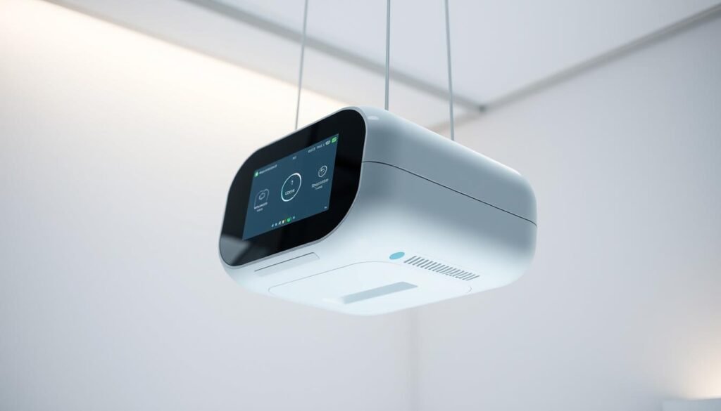 A sleek, futuristic-looking medical device with a clean, minimalist design. The iCareCPAP device is suspended in a well-lit, modern environment, its smooth white surfaces reflecting the soft, diffuse lighting. The device's intuitive interface features a large, high-resolution display, showcasing the device's cloud-connected capabilities. Elegant lines and subtle curves give the iCareCPAP a sophisticated, high-tech aesthetic. The overall scene conveys a sense of advanced medical technology seamlessly integrated into a contemporary, comfortable setting.