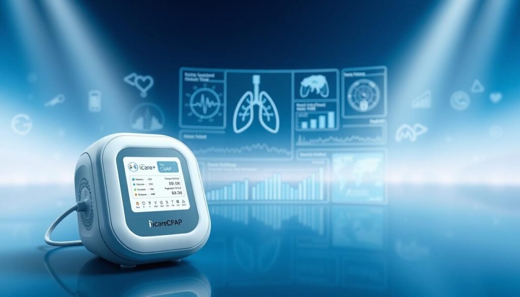 A sleek, modern medical device with the iCareCPAP brand name prominently displayed. The device has a clean, minimalist design with smooth, curved edges and a high-resolution display showing real-time data and analytics. The foreground features the device itself, surrounded by medical-themed icons and infographic elements. The middle ground showcases data visualizations, graphs, and charts depicting various respiratory health metrics. The background has a soothing, blue-toned color palette with subtle medical imagery, such as stylized lungs or respiratory system diagrams, creating a calming, professional atmosphere. Soft, directional lighting highlights the device's modern aesthetics and the data visualization elements.