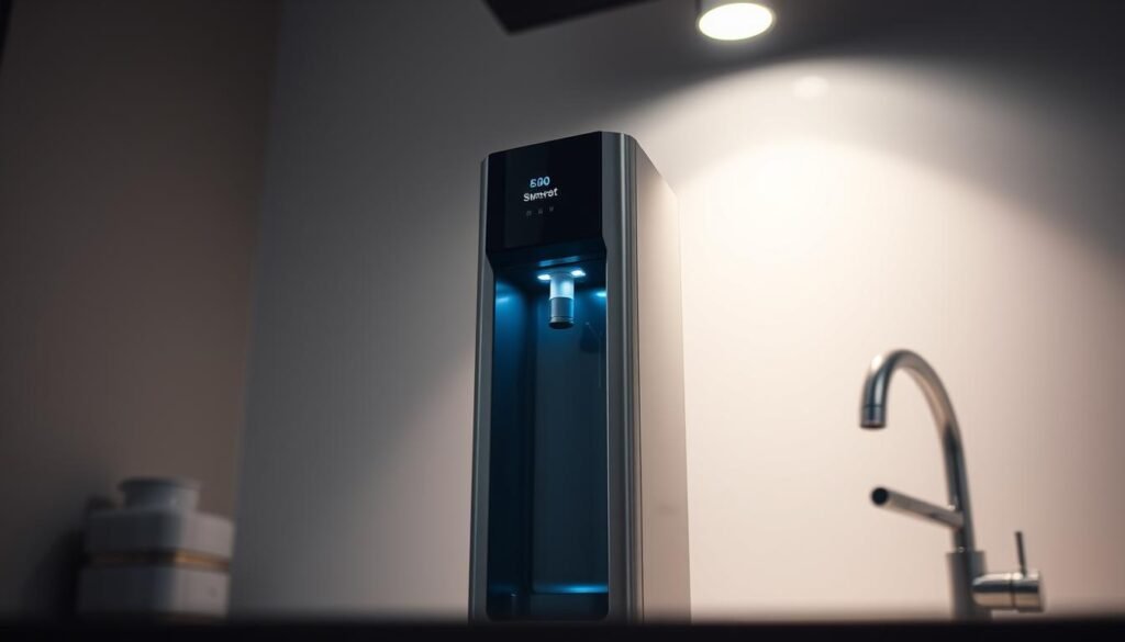 A sleek, modern water purifier standing prominently in the foreground, its clean lines and minimalist design exuding a sense of efficiency and sophistication. The device is surrounded by a softly blurred background, highlighting its central role in the scene. Subtle lighting from above casts a gentle glow, emphasizing the purifier's polished surfaces and accentuating its key features. The overall mood is one of calm, reliable functionality, conveying the importance of water filtration in a hard water environment.