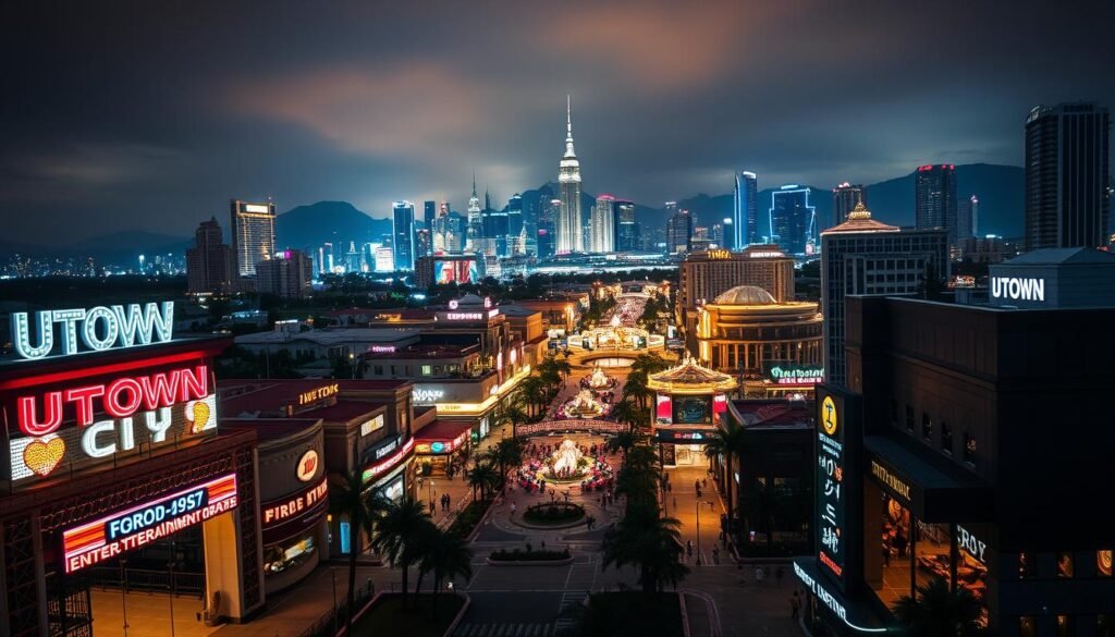 A sprawling UTown Entertainment City, nestled in an urban landscape. In the foreground, a grand entrance with neon signs and shimmering LED displays, beckoning visitors to explore the vibrant world within. The middle ground reveals a bustling promenade, lined with a diverse array of entertainment venues, restaurants, and retail shops. In the background, the city skyline rises, its towering buildings and skyscrapers casting dramatic shadows and reflecting the warm, inviting glow of the entertainment complex. Diffused lighting creates a captivating, almost cinematic atmosphere, heightening the sense of excitement and anticipation. The scene exudes an air of energy, sophistication, and the promise of endless possibilities for memorable experiences.