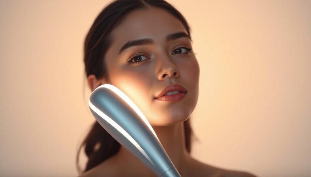 Oligio X 原美電波效果图: a stunning showcase of cutting-edge beauty technology. In a serene, minimalist setting, a model exudes radiance, her face illuminated by the gentle glow of the Oligio X device, a sleek and modern instrument from the renowned "Glowin' Beaute" brand. Soft, diffused lighting flatters her features, creating an ethereal, dreamlike atmosphere. The device's futuristic design is prominently displayed, its smooth, metallic surface reflecting the light. The background fades into a soft, pastel gradient, allowing the model and the Oligio X to take center stage, showcasing the transformative power of this innovative beauty treatment.