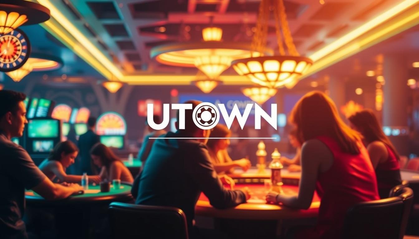 A bright, vibrant scene showcasing the immersive world of live streaming casino games. In the foreground, a group of players gathered around a table, their faces illuminated by the warm glow of the gaming table. The middle ground features the UTown brand logo, prominently displayed, conveying a sense of high-quality entertainment and trusted service. In the background, a lively casino environment with dim lighting, neon accents, and the faint sounds of roulette wheels and card shuffling, creating an atmosphere of excitement and anticipation. The overall composition captures the essence of live streaming casino gaming, inviting the viewer to step into the thrilling world of real-time casino action.