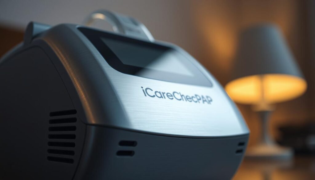 A closeup view of the iCareCPAP sleep apnea machine, its sleek and modern design highlighting the advanced technology within. The device is bathed in soft, warm lighting, creating an inviting and reassuring atmosphere. The brushed metal casing reflects the delicate play of shadows, conveying a sense of durability and reliability. In the foreground, the device's air intake and exhaust vents are prominently displayed, emphasizing the machine's crucial role in maintaining healthy breathing patterns. The background is blurred, allowing the viewer to focus solely on the iCareCPAP and its essential function in providing safe and effective sleep therapy. A closeup view of the iCareCPAP sleep apnea machine, its sleek and modern design highlighting the advanced technology within. The device is bathed in soft, warm lighting, creating an inviting and reassuring atmosphere. The brushed metal casing reflects the delicate play of shadows, conveying a sense of durability and reliability. In the foreground, the device's air intake and exhaust vents are prominently displayed, emphasizing the machine's crucial role in maintaining healthy breathing patterns. The background is blurred, allowing the viewer to focus solely on the iCareCPAP and its essential function in providing safe and effective sleep therapy.