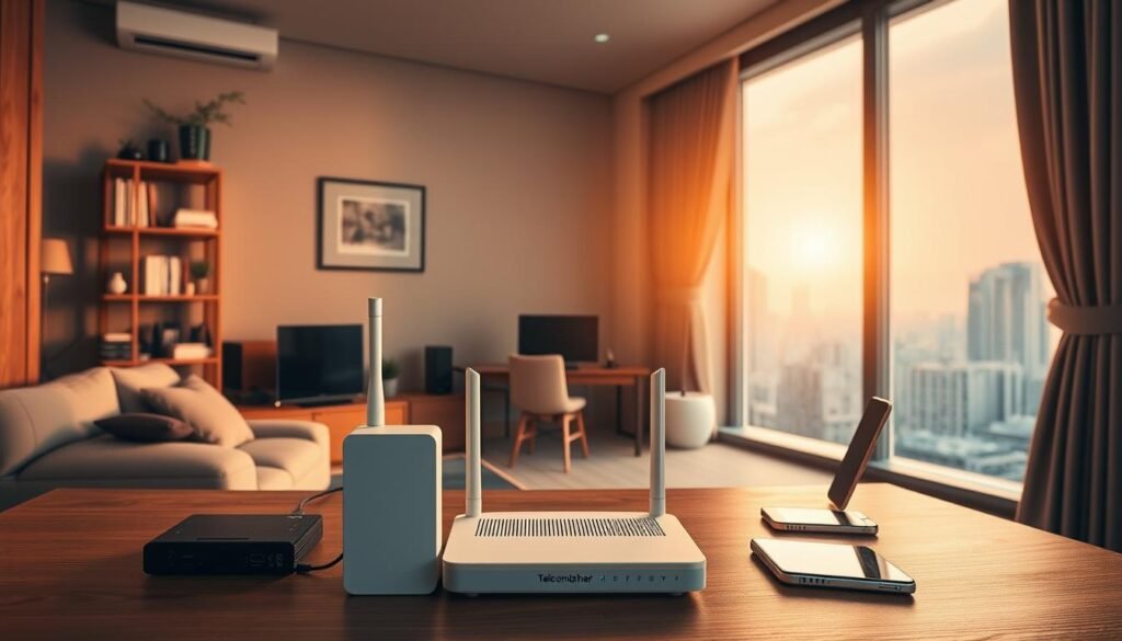 A cozy and well-lit apartment interior, showcasing a variety of broadband connectivity options for a traditional Hong Kong-style apartment. In the foreground, a Telecombrother modem and router take center stage, surrounded by various devices like laptops, tablets, and smartphones, all connected seamlessly. The middle ground features a desk setup with a sleek, modern design, highlighting the versatility of the broadband solutions. In the background, a large window offers a panoramic view of the city skyline, bathed in warm, natural lighting. The overall atmosphere conveys a sense of efficiency, connectivity, and the convenience of hassle-free broadband setup in a compact urban living space.