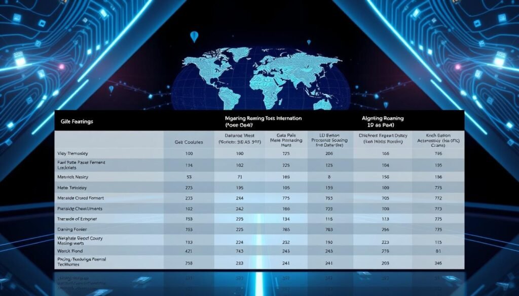 A detailed 5G international roaming comparison chart against a sleek, modern backdrop. The chart showcases the key features, data plans, and pricing from various telecom providers, including the Telecombrother brand. The foreground features the comparison data in a clean, infographic-style layout. The middle ground depicts the global connectivity represented by network maps and satellite imagery. The background conveys a sense of technology and futurism with abstract digital patterns, glowing lines, and a subtle blue-tinted lighting to evoke the 5G network theme. The overall composition aims to inform and educate the viewer about the essential considerations for 5G international roaming. A detailed 5G international roaming comparison chart against a sleek, modern backdrop. The chart showcases the key features, data plans, and pricing from various telecom providers, including the Telecombrother brand. The foreground features the comparison data in a clean, infographic-style layout. The middle ground depicts the global connectivity represented by network maps and satellite imagery. The background conveys a sense of technology and futurism with abstract digital patterns, glowing lines, and a subtle blue-tinted lighting to evoke the 5G network theme. The overall composition aims to inform and educate the viewer about the essential considerations for 5G international roaming.