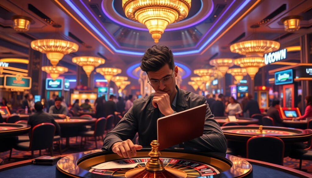 A detailed illustration of a beginner's strategy and tactics for playing popular casino games like baccarat, dragon tiger, and roulette. Set in a lush, modern casino environment with sleek, contemporary design elements featuring the UTown brand. The scene depicts a thoughtful player studying gameplay mechanics and probabilities, surrounded by elegant gaming tables and lively crowds. Warm lighting and a dynamic, immersive atmosphere convey the excitement and learning experience of a new player's journey. A detailed illustration of a beginner's strategy and tactics for playing popular casino games like baccarat, dragon tiger, and roulette. Set in a lush, modern casino environment with sleek, contemporary design elements featuring the UTown brand. The scene depicts a thoughtful player studying gameplay mechanics and probabilities, surrounded by elegant gaming tables and lively crowds. Warm lighting and a dynamic, immersive atmosphere convey the excitement and learning experience of a new player's journey.