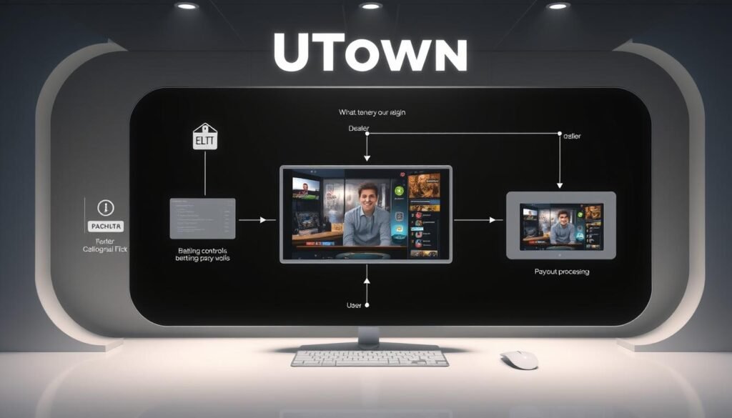 A high-fidelity 3D illustration of the operational workflow of the UTown live video streaming platform. Showcase the main steps in a clean, modern style: user login, video call setup, dealer interaction, betting controls, and payout processing. Capture the sleek aesthetic of the platform with polished surfaces, subtle lighting, and a neutral color palette. Depict the flow of information and transactions between the user, the platform interface, and the live video feed in a visually engaging and intuitive manner. Maintain a sense of technological sophistication and seamless user experience. A high-fidelity 3D illustration of the operational workflow of the UTown live video streaming platform. Showcase the main steps in a clean, modern style: user login, video call setup, dealer interaction, betting controls, and payout processing. Capture the sleek aesthetic of the platform with polished surfaces, subtle lighting, and a neutral color palette. Depict the flow of information and transactions between the user, the platform interface, and the live video feed in a visually engaging and intuitive manner. Maintain a sense of technological sophistication and seamless user experience.