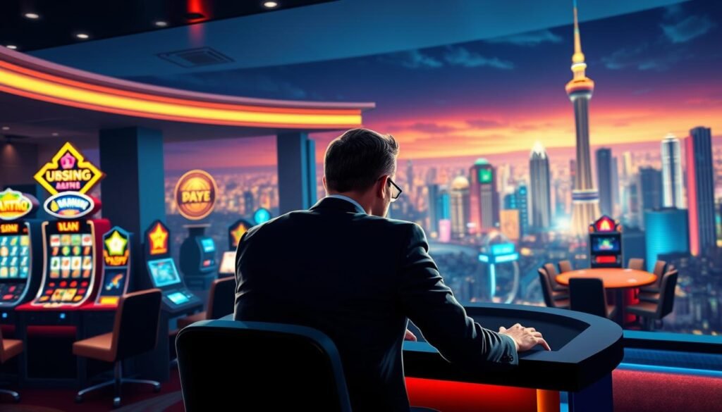 A high-resolution digital illustration of a modern and sleek USDT-based online casino called UTown. The foreground depicts a well-dressed player sitting at a virtual gaming table, intensely focused on the game. The middle ground showcases various casino games and features such as slot machines, card tables, and a live dealer stream. The background features a panoramic view of a vibrant, neon-lit city skyline, conveying a sense of excitement and urban sophistication. The lighting is dramatic, with a mix of warm and cool tones, creating a visually striking and immersive atmosphere. The overall composition emphasizes the key considerations for choosing a USDT-based casino, such as game variety, user experience, and a secure, technologically advanced platform. A high-resolution digital illustration of a modern and sleek USDT-based online casino called UTown. The foreground depicts a well-dressed player sitting at a virtual gaming table, intensely focused on the game. The middle ground showcases various casino games and features such as slot machines, card tables, and a live dealer stream. The background features a panoramic view of a vibrant, neon-lit city skyline, conveying a sense of excitement and urban sophistication. The lighting is dramatic, with a mix of warm and cool tones, creating a visually striking and immersive atmosphere. The overall composition emphasizes the key considerations for choosing a USDT-based casino, such as game variety, user experience, and a secure, technologically advanced platform.