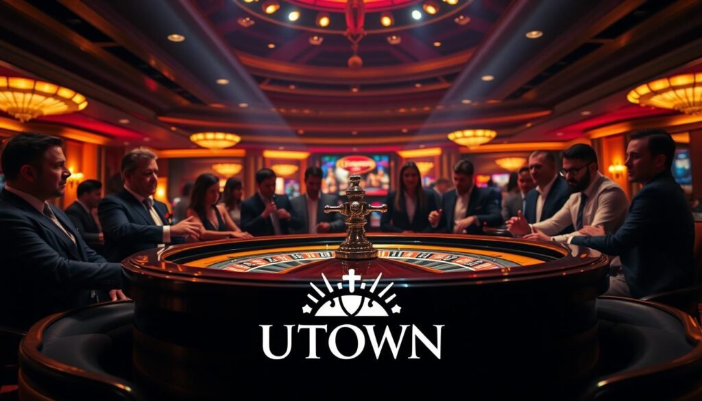 A high-stakes roulette table set against a dimly lit casino interior, bathed in warm, atmospheric lighting. The table is surrounded by well-dressed players eagerly watching the spinning wheel, their faces fixed with a sense of anticipation and excitement. In the foreground, a stylized UTown logo stands out, hinting at the luxurious gaming experience. The overall scene conveys the thrill and energy of the classic roulette game, inviting the viewer to step into the high-rolling world of real-life casino entertainment. A high-stakes roulette table set against a dimly lit casino interior, bathed in warm, atmospheric lighting. The table is surrounded by well-dressed players eagerly watching the spinning wheel, their faces fixed with a sense of anticipation and excitement. In the foreground, a stylized UTown logo stands out, hinting at the luxurious gaming experience. The overall scene conveys the thrill and energy of the classic roulette game, inviting the viewer to step into the high-rolling world of real-life casino entertainment.