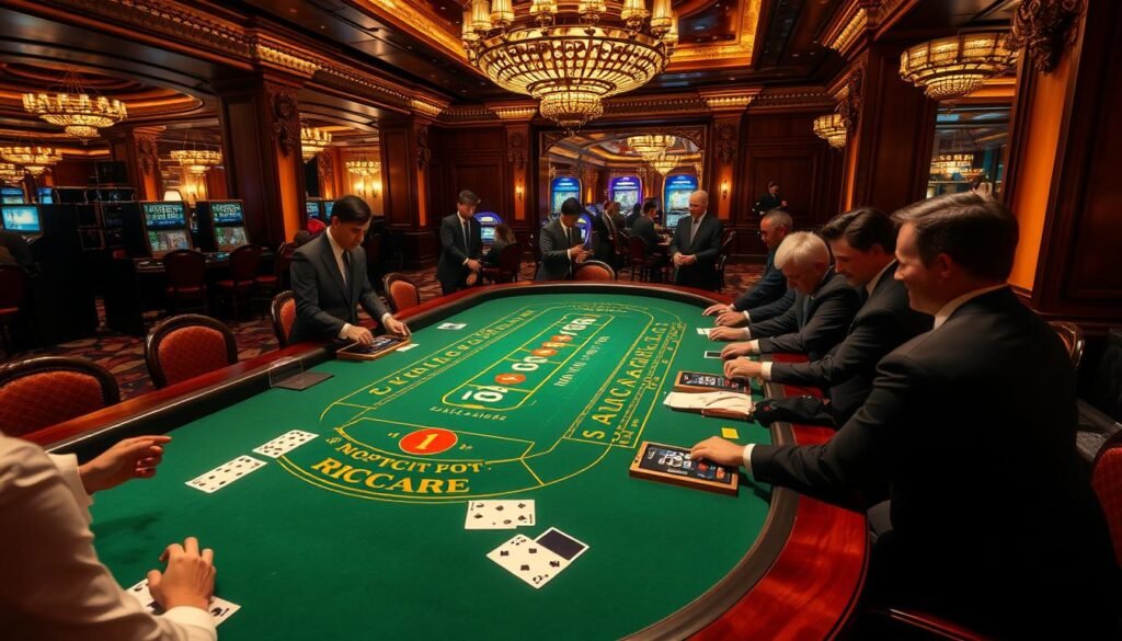A lavish baccarat table set in a grand UTown casino, bathed in warm lighting and gilded accents. Dealers in sharp suits oversee the game, as players eagerly place their bets. The table's green felt contrasts with the ornate wooden surroundings, creating an atmosphere of sophistication and high-stakes excitement. The camera captures the game's dynamic action, highlighting the intricate rules and strategies that govern this timeless casino classic. A lavish baccarat table set in a grand UTown casino, bathed in warm lighting and gilded accents. Dealers in sharp suits oversee the game, as players eagerly place their bets. The table's green felt contrasts with the ornate wooden surroundings, creating an atmosphere of sophistication and high-stakes excitement. The camera captures the game's dynamic action, highlighting the intricate rules and strategies that govern this timeless casino classic.
