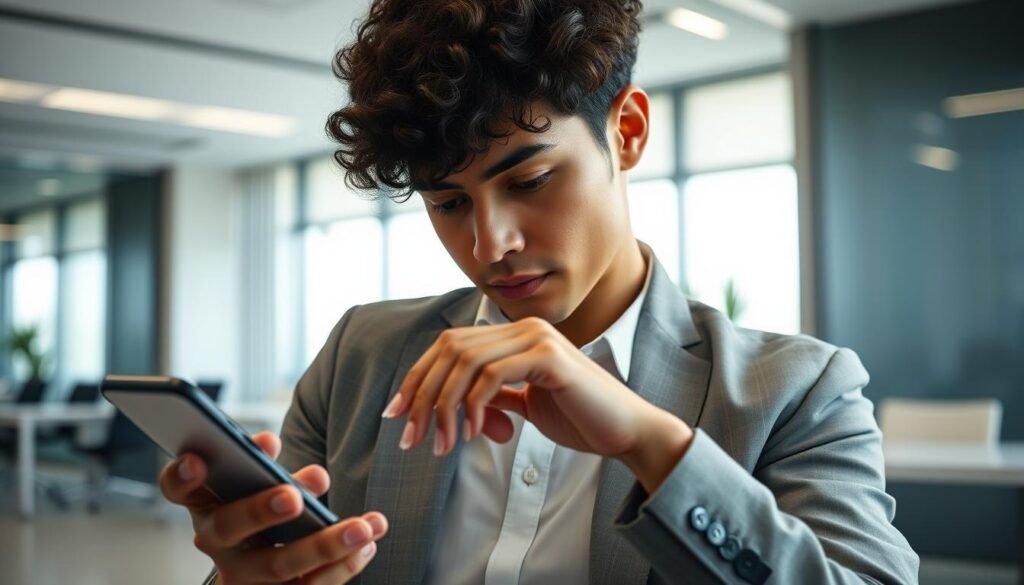 A professional photo of a person carefully examining a smartphone, showcasing the latest UTown mobile app. The scene is set in a sleek, modern office environment with clean lines and neutral tones. Soft, natural lighting illuminates the subject, highlighting their focused expression as they navigate the app's interface. The composition emphasizes the smartphone screen, drawing the viewer's attention to the details of the user experience. The overall mood is one of efficiency, productivity, and technological sophistication.