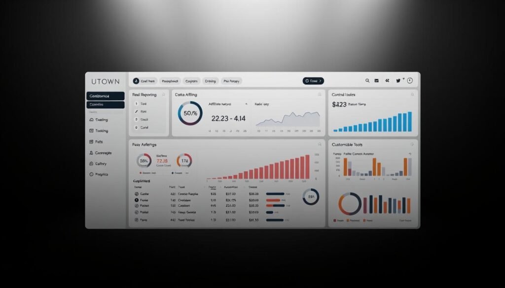 A sleek, modern dashboard interface showcasing the key features and data analytics tools available in the UTown online casino affiliate backend. Crisp, high-resolution UI elements displayed against a minimalist, monochromatic backdrop with subtle lighting and depth-of-field effects to highlight the key information. The layout is clean and intuitive, with easy-to-navigate menus, real-time reporting, affiliate referral tracking, and customizable promotional tools. An elegant, professional aesthetic that conveys the power and sophistication of the UTown affiliate platform. A sleek, modern dashboard interface showcasing the key features and data analytics tools available in the UTown online casino affiliate backend. Crisp, high-resolution UI elements displayed against a minimalist, monochromatic backdrop with subtle lighting and depth-of-field effects to highlight the key information. The layout is clean and intuitive, with easy-to-navigate menus, real-time reporting, affiliate referral tracking, and customizable promotional tools. An elegant, professional aesthetic that conveys the power and sophistication of the UTown affiliate platform.