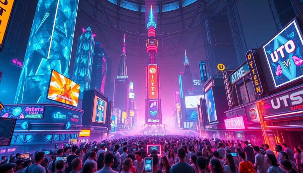A sprawling, neon-lit UTown metaverse, where the boundless possibilities of NFTs and cryptocurrency collide with the immersive entertainment of a virtual world. Towering holographic structures shimmer in the background, their faceted surfaces reflecting the vibrant lights of digital billboards and holograms. In the foreground, crowds of avatars engage in a dizzying array of activities - gaming, trading, socializing, all facilitated by the seamless integration of blockchain technology. The scene is bathed in a warm, futuristic glow, hinting at the transformative potential of this convergence of digital innovation and virtual leisure. A sprawling, neon-lit UTown metaverse, where the boundless possibilities of NFTs and cryptocurrency collide with the immersive entertainment of a virtual world. Towering holographic structures shimmer in the background, their faceted surfaces reflecting the vibrant lights of digital billboards and holograms. In the foreground, crowds of avatars engage in a dizzying array of activities - gaming, trading, socializing, all facilitated by the seamless integration of blockchain technology. The scene is bathed in a warm, futuristic glow, hinting at the transformative potential of this convergence of digital innovation and virtual leisure.