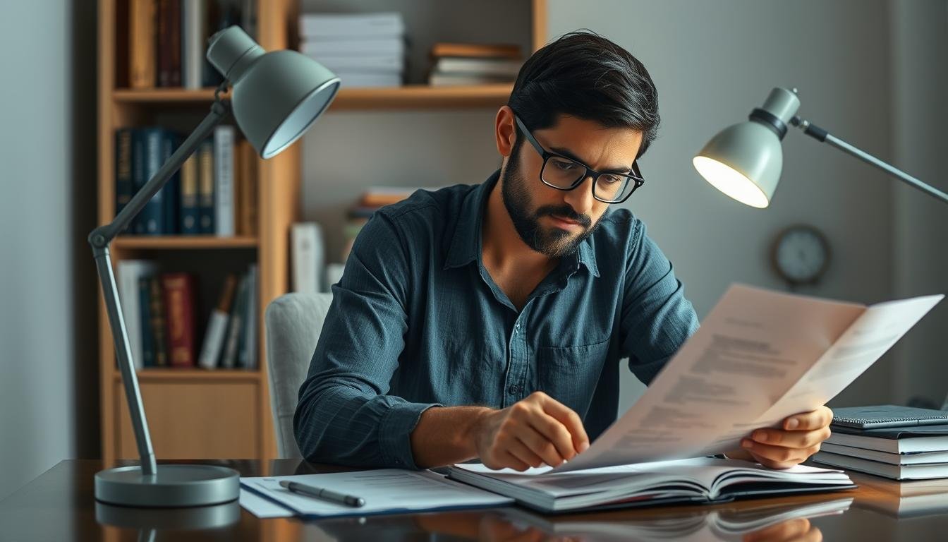 A tranquil scene of a small business owner reviewing financial documents on a desk, the soft glow of a desk lamp illuminating the workspace. In the background, a bookshelf with various accounting and finance books, hinting at the owner's expertise. The scene conveys a sense of focus, diligence, and the process of carefully considering options for a small personal loan. The image should have a warm, professional tone to align with the article's subject of understanding and applying for a small-scale credit facility.