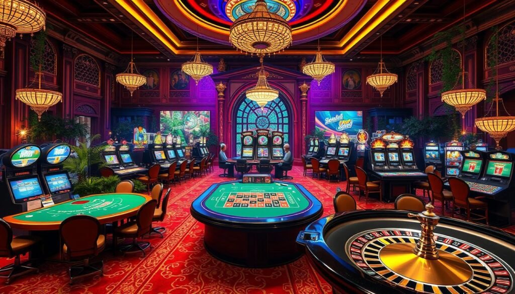 A vibrant and dynamic scene showcasing the diverse gaming offerings at UTown Entertainment City. A striking display of popular casino games, including baccarat, blackjack, and roulette, set against a richly detailed backdrop of ornate architecture and lush greenery. Soft, warm lighting illuminates the scene, creating an inviting and immersive atmosphere. The composition emphasizes the grandeur and elegance of the gaming establishment, capturing the allure and excitement that draws players to UTown. A captivating visual representation of the gaming variety available to UTown's members and prospective affiliates. A vibrant and dynamic scene showcasing the diverse gaming offerings at UTown Entertainment City. A striking display of popular casino games, including baccarat, blackjack, and roulette, set against a richly detailed backdrop of ornate architecture and lush greenery. Soft, warm lighting illuminates the scene, creating an inviting and immersive atmosphere. The composition emphasizes the grandeur and elegance of the gaming establishment, capturing the allure and excitement that draws players to UTown. A captivating visual representation of the gaming variety available to UTown's members and prospective affiliates.