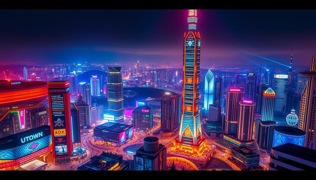 A vibrant and futuristic cityscape, showcasing the glittering lights and modern architecture of the global USDT娛樂城, UTown. The scene is bathed in a warm, neon-infused glow, creating an atmosphere of excitement and energy. In the foreground, a grand, illuminated tower stands tall, its sleek design and dazzling façade reflecting the city's technological prowess. The middle ground is filled with a bustling nightlife, with crowds of people enjoying the lively entertainment and leisure activities the city has to offer. In the background, a panoramic view of the city skyline stretches out, with skyscrapers and high-rise buildings creating a futuristic, metropolitan landscape. The image conveys the scale, sophistication, and allure of the world's premier USDT娛樂城, UTown.