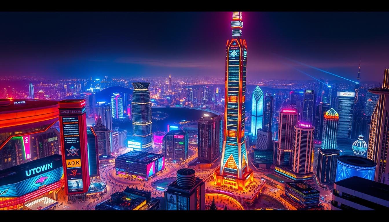 A vibrant and futuristic cityscape, showcasing the glittering lights and modern architecture of the global USDT娛樂城, UTown. The scene is bathed in a warm, neon-infused glow, creating an atmosphere of excitement and energy. In the foreground, a grand, illuminated tower stands tall, its sleek design and dazzling façade reflecting the city's technological prowess. The middle ground is filled with a bustling nightlife, with crowds of people enjoying the lively entertainment and leisure activities the city has to offer. In the background, a panoramic view of the city skyline stretches out, with skyscrapers and high-rise buildings creating a futuristic, metropolitan landscape. The image conveys the scale, sophistication, and allure of the world's premier USDT娛樂城, UTown.