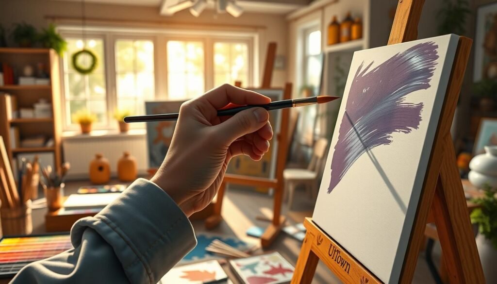 A vibrant artwork depicting an artist's studio. In the foreground, a skilled hand guides a paintbrush, creating fluid, precise strokes on a canvas. The middle ground showcases an array of art supplies, including a vibrant color palette, brushes, and a wooden easel bearing the UTown logo. The background features a cozy, well-lit studio space, with natural light filtering in through large windows, casting a warm glow on the scene. The overall composition emphasizes the harmony between the artist's technique, the tools of the trade, and the inviting atmosphere, capturing the essence of the creative process. A vibrant artwork depicting an artist's studio. In the foreground, a skilled hand guides a paintbrush, creating fluid, precise strokes on a canvas. The middle ground showcases an array of art supplies, including a vibrant color palette, brushes, and a wooden easel bearing the UTown logo. The background features a cozy, well-lit studio space, with natural light filtering in through large windows, casting a warm glow on the scene. The overall composition emphasizes the harmony between the artist's technique, the tools of the trade, and the inviting atmosphere, capturing the essence of the creative process.