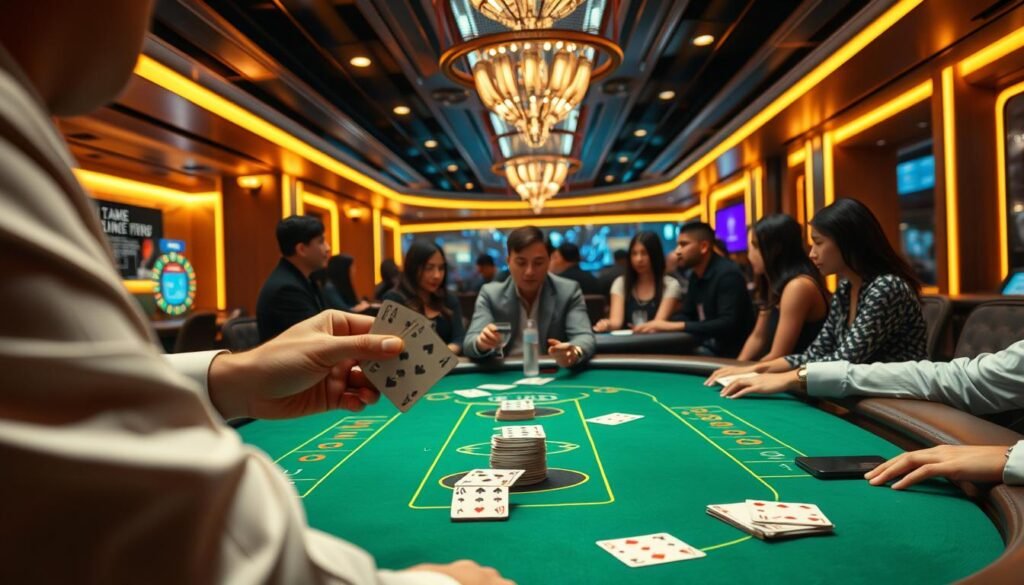 A visually striking scene of the UTown blockchain technology applied to T9 baccarat. In the foreground, a dealer expertly shuffles a deck of cards, their movements captured in sharp focus. In the middle ground, players gather around a green-felt table, their faces alight with anticipation as the cards are dealt. The background depicts a sleek, futuristic casino interior, with holographic displays and neon-lit accents, hinting at the seamless integration of blockchain into the gaming experience. Warm lighting casts a golden glow, evoking a sense of high-stakes excitement and technological innovation. The composition emphasizes the harmony between traditional casino elements and cutting-edge blockchain integration, showcasing the potential for this revolutionary technology to transform the T9 baccarat gaming landscape.