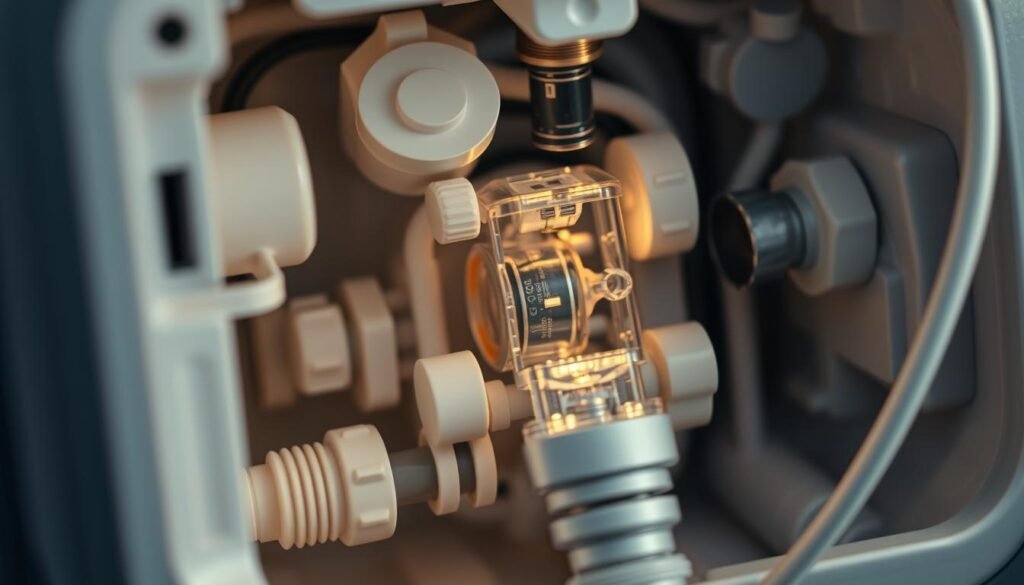 An intricate, high-resolution close-up photograph of the internal components and materials of the iCareCPAP sleep apnea machine. The image should showcase the device's sturdy, medical-grade plastics, silicone, and metal parts in crisp detail, illuminated by soft, even lighting to highlight their textures and precision engineering. The composition should emphasize the machine's complex, interconnected mechanisms, with a sense of technical elegance and quality craftsmanship. The overall mood should convey a sense of reliability, durability, and safety - essential qualities for a medical device designed for long-term, daily use.