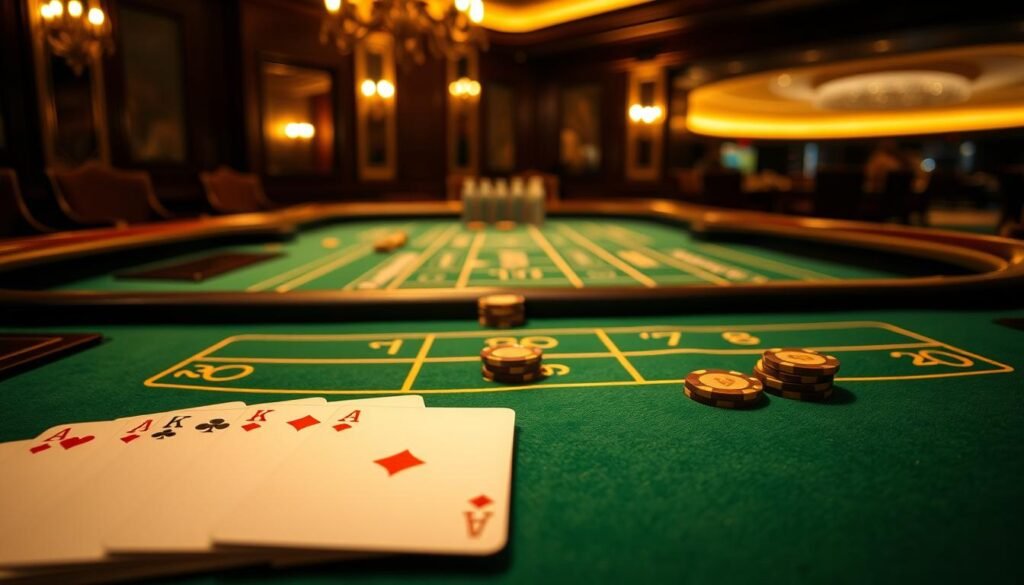 A dimly lit casino table, the green felt surface illuminated by warm, golden lighting. In the foreground, the classic baccarat cards are neatly arranged, showcasing the iconic symbols and suit designs. The middle ground features the betting area, with clearly marked sections for the Player, Banker, and Tie bets. Elegant, wooden casino chips in various denominations are scattered across the table, hinting at the high-stakes nature of the game. In the background, a sense of exclusivity and luxury is evoked through the use of luxurious, dark-toned materials and subtle decorative elements. The overall atmosphere is one of sophisticated gaming, inviting the viewer to immerse themselves in the rules and strategies of the timeless baccarat experience. A dimly lit casino table, the green felt surface illuminated by warm, golden lighting. In the foreground, the classic baccarat cards are neatly arranged, showcasing the iconic symbols and suit designs. The middle ground features the betting area, with clearly marked sections for the Player, Banker, and Tie bets. Elegant, wooden casino chips in various denominations are scattered across the table, hinting at the high-stakes nature of the game. In the background, a sense of exclusivity and luxury is evoked through the use of luxurious, dark-toned materials and subtle decorative elements. The overall atmosphere is one of sophisticated gaming, inviting the viewer to immerse themselves in the rules and strategies of the timeless baccarat experience.