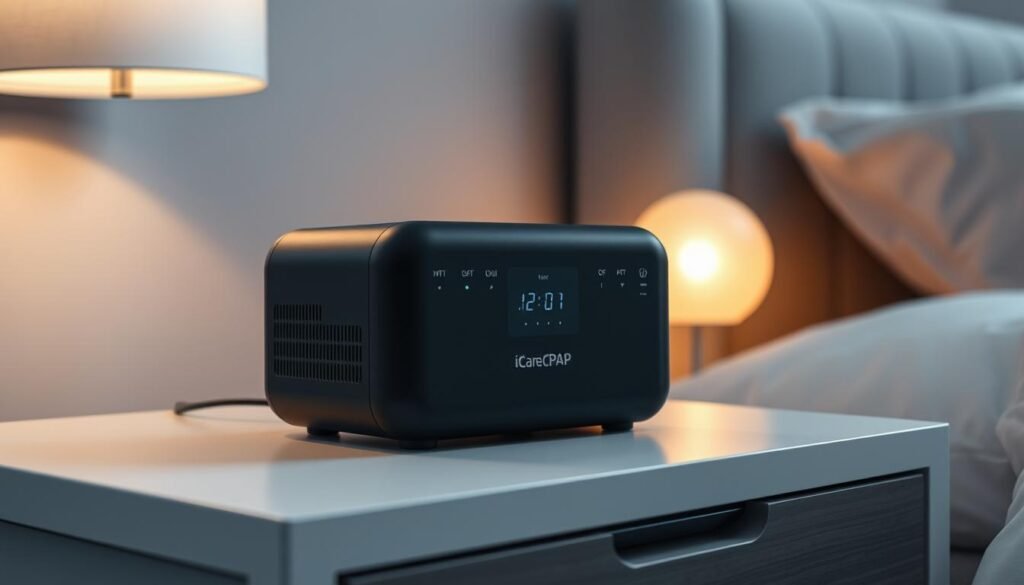 A sleek, modern iCareCPAP sleep apnea machine resting on a minimalist bedside table. The device's minimalist design features a smooth, matte-black finish, with soft LED indicator lights and intuitive controls. The machine is positioned against a muted, gray-toned backdrop, accentuating its clean, minimalist aesthetic. Soft, diffused lighting from a nearby lamp casts a warm, calming glow, creating an atmosphere of relaxation and comfort. The entire scene conveys a sense of sophistication and thoughtful design, making the iCareCPAP an appealing choice for those seeking an effective, yet stylish sleep apnea solution. A sleek, modern iCareCPAP sleep apnea machine resting on a minimalist bedside table. The device's minimalist design features a smooth, matte-black finish, with soft LED indicator lights and intuitive controls. The machine is positioned against a muted, gray-toned backdrop, accentuating its clean, minimalist aesthetic. Soft, diffused lighting from a nearby lamp casts a warm, calming glow, creating an atmosphere of relaxation and comfort. The entire scene conveys a sense of sophistication and thoughtful design, making the iCareCPAP an appealing choice for those seeking an effective, yet stylish sleep apnea solution.