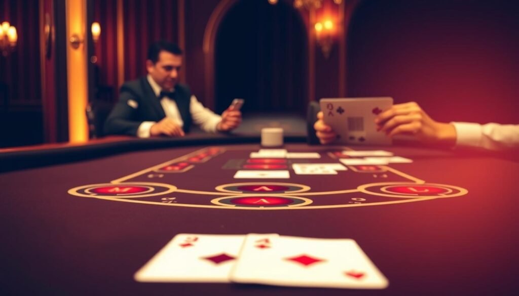 A visually striking illustration of the fundamental concepts of Baccarat, the classic casino card game. In the foreground, a detailed close-up of the Baccarat table, showcasing the felt surface, the card dealing area, and the betting circles. The middle ground features the key players - the Banker and the Player, their cards neatly arranged, exuding an air of concentration and anticipation. The background is bathed in a warm, golden light, evoking the glamour and excitement of a high-end casino setting. The overall composition conveys a sense of refined elegance and strategic decision-making, perfectly capturing the essence of the "Baccarat rules and gameplay" subject matter. A visually striking illustration of the fundamental concepts of Baccarat, the classic casino card game. In the foreground, a detailed close-up of the Baccarat table, showcasing the felt surface, the card dealing area, and the betting circles. The middle ground features the key players - the Banker and the Player, their cards neatly arranged, exuding an air of concentration and anticipation. The background is bathed in a warm, golden light, evoking the glamour and excitement of a high-end casino setting. The overall composition conveys a sense of refined elegance and strategic decision-making, perfectly capturing the essence of the "Baccarat rules and gameplay" subject matter.
