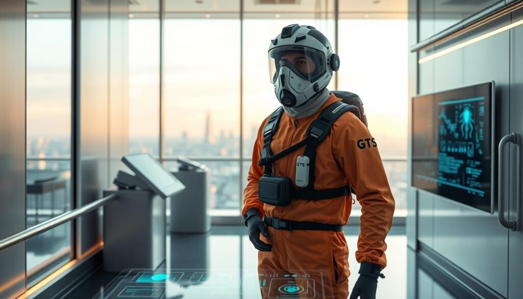 A futuristic scene of a professional pest control service technician in a high-tech hazmat suit, equipped with advanced tools and devices. The figure stands amidst a sleek, minimalist interior accented by clean lines, metal fixtures, and subtle ambient lighting. In the foreground, an iCareCPAP logo on the uniform signals the integration of cutting-edge respiratory technology. The middle ground features a touchscreen interface and holographic displays, showcasing the data-driven, AI-powered nature of the service. The background depicts a serene, futuristic cityscape visible through large windows, hinting at the technologically-advanced urban environment. An atmosphere of efficiency, safety, and innovation permeates the scene, reflecting the future trends of the pest control industry. A futuristic scene of a professional pest control service technician in a high-tech hazmat suit, equipped with advanced tools and devices. The figure stands amidst a sleek, minimalist interior accented by clean lines, metal fixtures, and subtle ambient lighting. In the foreground, an iCareCPAP logo on the uniform signals the integration of cutting-edge respiratory technology. The middle ground features a touchscreen interface and holographic displays, showcasing the data-driven, AI-powered nature of the service. The background depicts a serene, futuristic cityscape visible through large windows, hinting at the technologically-advanced urban environment. An atmosphere of efficiency, safety, and innovation permeates the scene, reflecting the future trends of the pest control industry.