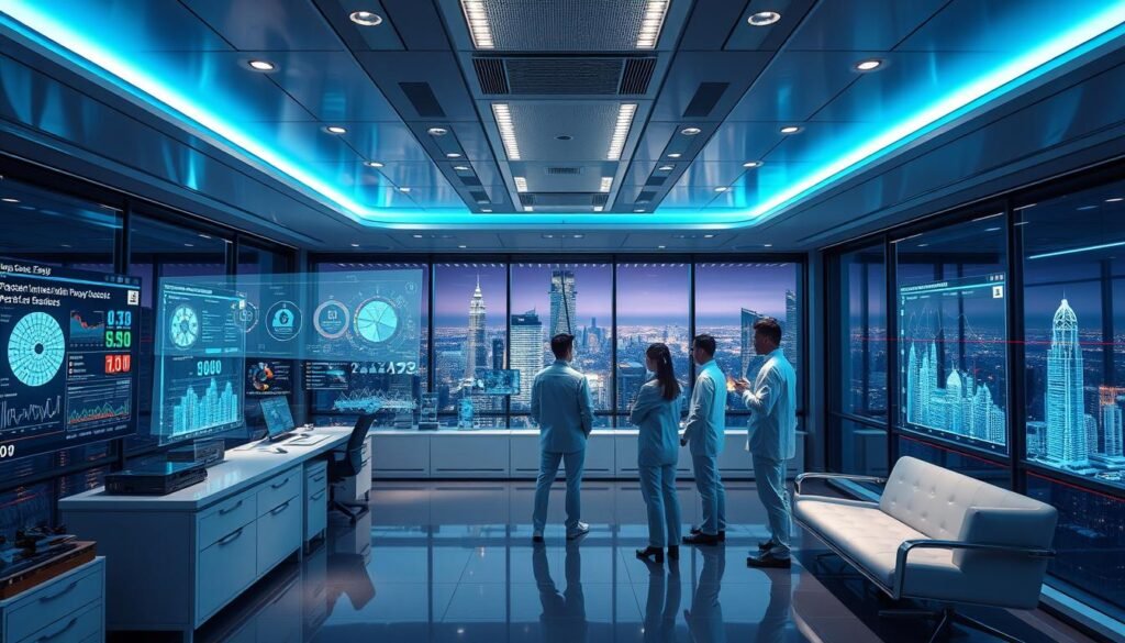 A sleek, high-tech office interior with state-of-the-art iCareCPAP equipment and displays showcasing data visualizations, AI-powered analytics, and IoT-connected pest control sensors. The space is bathed in cool, blue-tinted lighting that casts a futuristic ambiance. In the foreground, a holographic interface hovers, allowing users to monitor and control the integrated pest management system. In the middle ground, a team of technicians in crisp, white uniforms examines detailed reports on a curved, transparent screen. The background features a panoramic view of a bustling city skyline, emphasizing the company's advanced, urban-focused solutions. A sleek, high-tech office interior with state-of-the-art iCareCPAP equipment and displays showcasing data visualizations, AI-powered analytics, and IoT-connected pest control sensors. The space is bathed in cool, blue-tinted lighting that casts a futuristic ambiance. In the foreground, a holographic interface hovers, allowing users to monitor and control the integrated pest management system. In the middle ground, a team of technicians in crisp, white uniforms examines detailed reports on a curved, transparent screen. The background features a panoramic view of a bustling city skyline, emphasizing the company's advanced, urban-focused solutions.