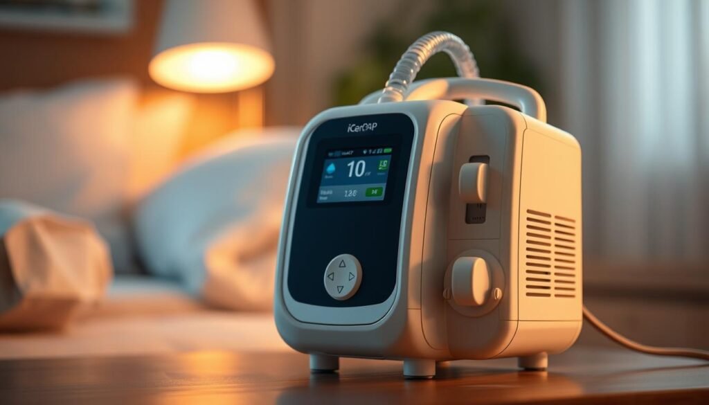 A detailed and high-quality medical image of an iCareCPAP sleep apnea machine. The device is positioned in the foreground, showcasing its sleek and modern design with clean lines and a minimalist aesthetic. The background is softly blurred, creating a sense of focus on the machine. The lighting is warm and gentle, with subtle shadows and highlights that accentuate the machine's features. The image conveys a sense of reliability, comfort, and the health benefits associated with using a sleep apnea device. The overall mood is calming and reassuring, reflecting the important role the iCareCPAP machine plays in improving the user's quality of life.