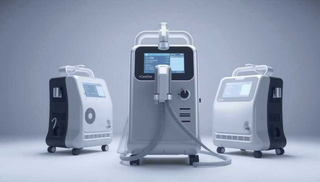 A highly detailed, clinical-grade 3D illustration of a state-of-the-art iCareCPAP sleep apnea machine. The device is shown in a clean, well-lit studio setting, captured from multiple angles to showcase its sleek, modern design and intuitive control panel. The machine's various components, such as the air inlet, humidifier, and tubing, are meticulously rendered to convey a sense of technical sophistication. The overall scene exudes a calm, professional atmosphere, emphasizing the machine's role as a reliable and discreet medical device for managing sleep apnea. A highly detailed, clinical-grade 3D illustration of a state-of-the-art iCareCPAP sleep apnea machine. The device is shown in a clean, well-lit studio setting, captured from multiple angles to showcase its sleek, modern design and intuitive control panel. The machine's various components, such as the air inlet, humidifier, and tubing, are meticulously rendered to convey a sense of technical sophistication. The overall scene exudes a calm, professional atmosphere, emphasizing the machine's role as a reliable and discreet medical device for managing sleep apnea.