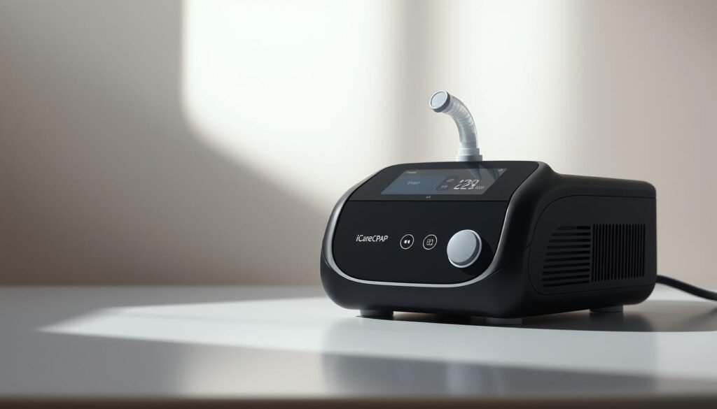A highly detailed, photorealistic image of a modern and sleek iCareCPAP sleep apnea machine, featuring a minimalist design with smooth curves and a matte black finish. The device is set against a softly lit, neutral background, creating a calm and soothing atmosphere. The machine is prominently displayed, showcasing its intuitive controls and user-friendly interface. The image conveys the medical and technological nature of the device, while also evoking a sense of comfort and ease of use for the patient. The lighting is soft and indirect, creating a warm and inviting ambiance that reflects the restorative power of the sleep apnea treatment. A highly detailed, photorealistic image of a modern and sleek iCareCPAP sleep apnea machine, featuring a minimalist design with smooth curves and a matte black finish. The device is set against a softly lit, neutral background, creating a calm and soothing atmosphere. The machine is prominently displayed, showcasing its intuitive controls and user-friendly interface. The image conveys the medical and technological nature of the device, while also evoking a sense of comfort and ease of use for the patient. The lighting is soft and indirect, creating a warm and inviting ambiance that reflects the restorative power of the sleep apnea treatment.