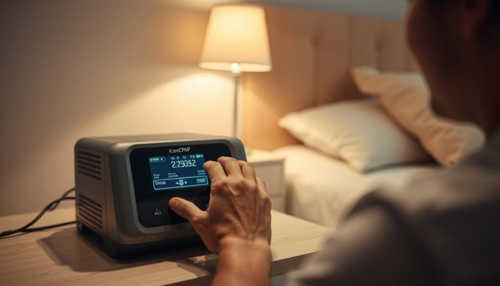 A well-lit, close-up view of a person's hands operating the control panel of an iCareCPAP sleep apnea machine on a bedside table. The display shows the current air pressure and flow settings. In the background, a cozy bedroom with soft lighting and a comfortable-looking bed. The person's face is not visible, but their body language suggests a focused, attentive approach to the daily routine of using the sleep apnea machine. The overall mood is one of diligence and care in maintaining one's health and well-being.