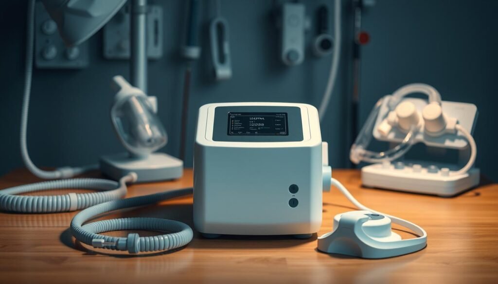 A clinical sleep apnea treatment device rests on a wooden table, its sleek white form and digital display illuminated by soft, directional lighting. The iCareCPAP machine sits prominently, surrounded by medical equipment and accessories like tubing, masks, and settings controls, conveying a sense of professional medical care. The composition emphasizes the machine's technical capabilities and suitability for nighttime respiratory therapy, reflecting the careful selection process for sleep apnea patients. The overall mood is one of modern, high-quality healthcare solutions tailored to individual needs. A clinical sleep apnea treatment device rests on a wooden table, its sleek white form and digital display illuminated by soft, directional lighting. The iCareCPAP machine sits prominently, surrounded by medical equipment and accessories like tubing, masks, and settings controls, conveying a sense of professional medical care. The composition emphasizes the machine's technical capabilities and suitability for nighttime respiratory therapy, reflecting the careful selection process for sleep apnea patients. The overall mood is one of modern, high-quality healthcare solutions tailored to individual needs.