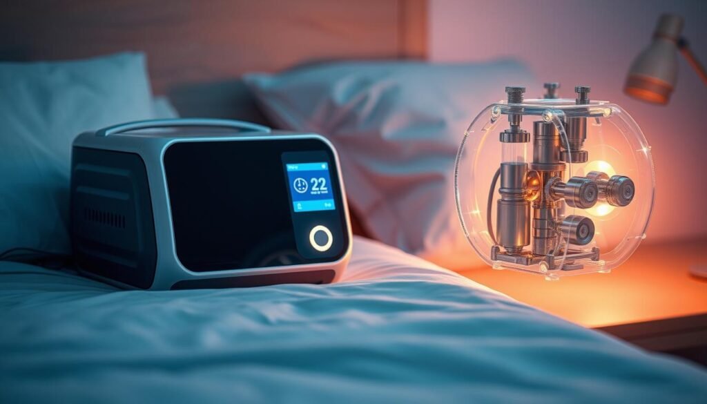 A technologically-advanced iCareCPAP sleep apnea machine rests on a bedside table, its sleek and modern design exuding a sense of comfort and efficiency. The machine's display emits a soft, ambient glow, casting a warm light across the serene bedroom setting. Nearby, a meticulously crafted 3D model of the machine's internal mechanisms hovers, showcasing its intricate workings and the advanced technology that powers its operation. The overall scene conveys the importance and functionality of the sleep apnea machine, highlighting its role in providing effective and reliable treatment for those suffering from sleep-disordered breathing.