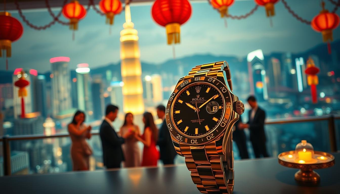 A luxurious Rolex watch prominently displayed in the foreground against a vibrant Hong Kong skyline during a festive celebration, showcasing rich cultural elements. The watch gleams under warm, soft lighting, capturing its intricate details and craftsmanship. In the middle ground, a diverse group of elegantly dressed individuals enjoys the festive atmosphere, sharing gifts and celebrating. The background features iconic landmarks like Victoria Harbour and traditional decorations, adding depth to the scene. The overall mood is sophisticated and celebratory, reflecting the cherished gifting culture surrounding the Rolex brand in Hong Kong. The image is captured with a slight angle, emphasizing both the watch and the lively celebration.