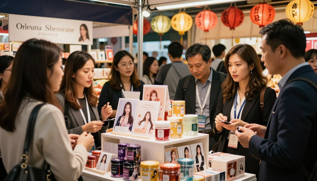 A vibrant and dynamic scene depicting a market in Hong Kong focused on the latest trends in quality consumer products. In the foreground, a diverse group of shoppers in professional business attire enthusiastically examining various high-end products with labels featuring designs related to female talent, surrounded by engaging displays. The middle ground showcases elegantly designed product containers and promotional materials arranged attractively on the shelves, highlighting their popularity. In the background, colorful lanterns and bustling market stalls create an inviting atmosphere under warm, cinematic lighting. The angle captures the lively interactions among shoppers and vendors, evoking a sense of community and excitement about evolving market demands. Ideal for conveying the vibrant energy and shifting trends in consumer preferences.