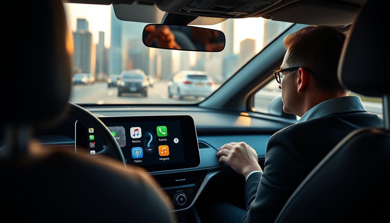 A modern car interior featuring an advanced CarPlay multimedia system on a sleek touchscreen display. In the foreground, focus on the dashboard with clear, vivid visuals of the CarPlay interface, showing navigation and music apps prominently. The middle ground captures a driver in professional attire, attentively engaged with the screen, while the background reveals a dynamic cityscape through the car windows, hinting at long-distance commuting. Bright, natural lighting flows through the windows, enhancing the high-tech ambiance, with reflections of the city lights. The mood is focused yet relaxed, illustrating the synergy between technology and driving efficiency during urgent situations. The camera angle is slightly tilted from the driver's perspective, emphasizing user interaction with CarPlay.
