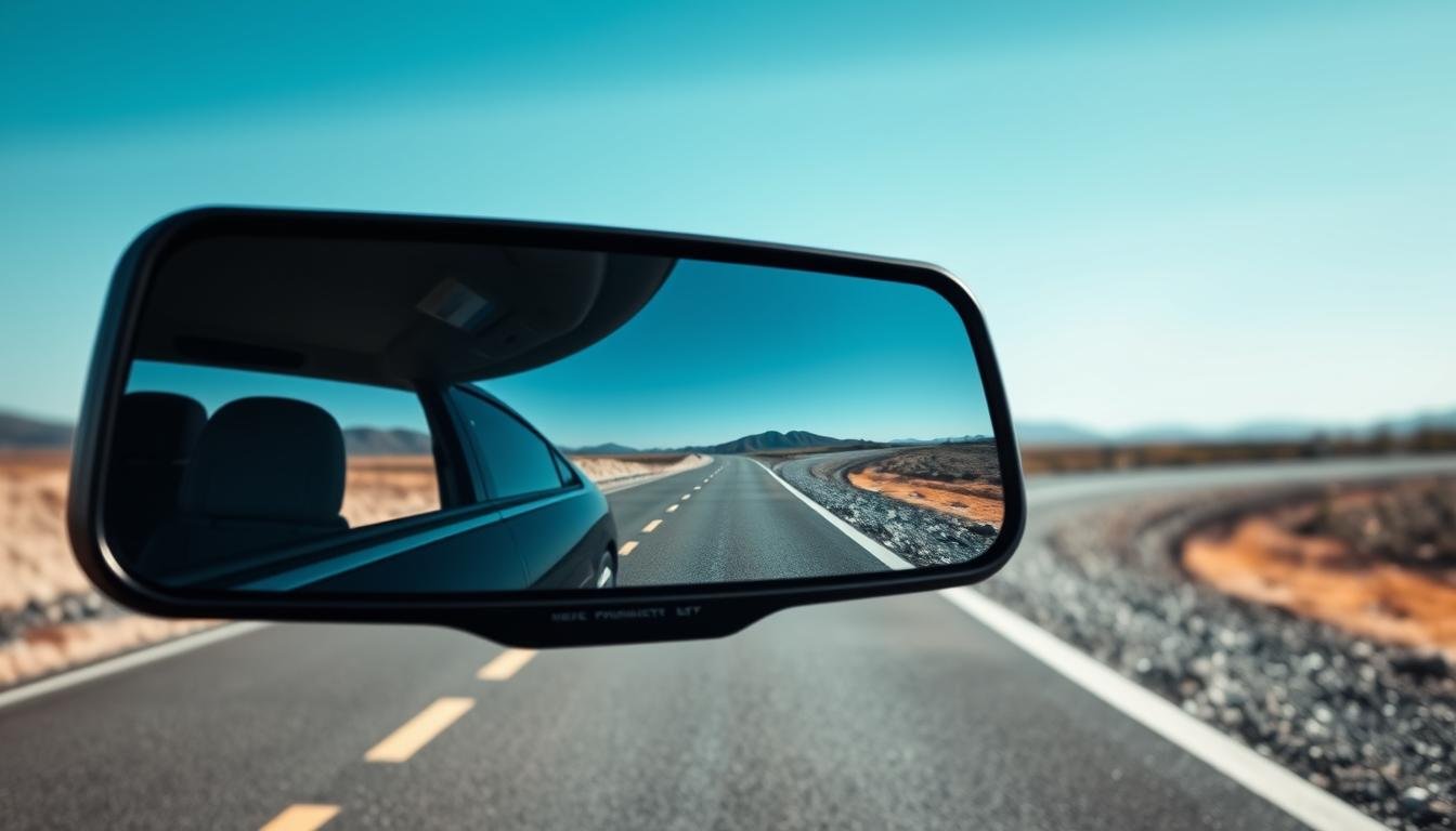 A sleek, modern electronic rearview mirror equipped with advanced stabilization technology, reflecting a clear, steady image of a bumpy Taiwanese industrial road. In the foreground, the rearview mirror is prominently positioned, showcasing its sleek design and high-tech display. In the middle ground, the challenging landscape of the uneven road is depicted, with visible bumps and gravel, emphasizing the mirror's stabilization function. The background features a clear blue sky, suggesting a sunny day, adding brightness to the overall image. Soft lighting enhances the reflective surface of the electronic mirror, creating an atmosphere of innovation and reliability. The image should evoke a sense of clarity and precision, suited for a professional audience.