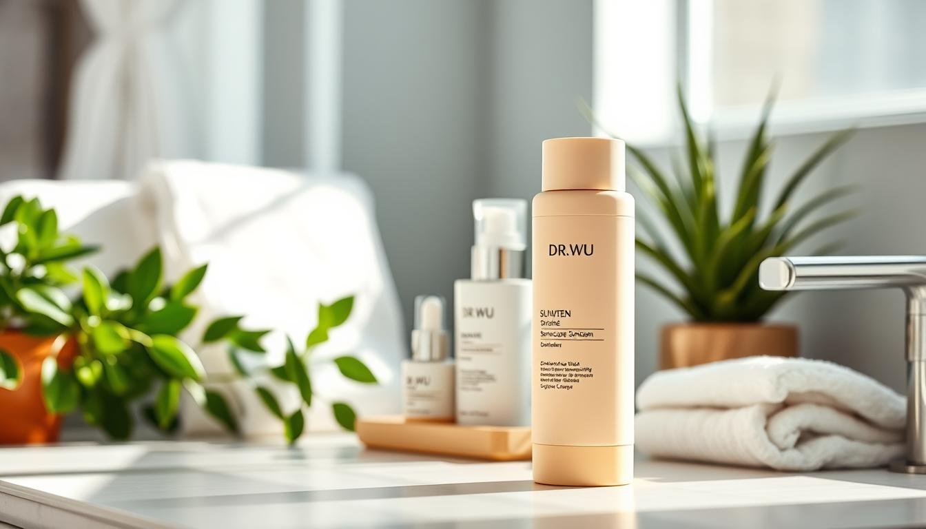 A sleek, modern display of DR.WU sunscreen products on a minimalist bathroom countertop, surrounded by fresh greenery and a soft, diffused daylight coming through a window. In the foreground, an elegant bottle of DR.WU sunscreen stands prominently, showcasing its sophisticated packaging design with a matte finish and soft pastel colors. In the middle ground, a few complementary skincare items, like a moisturizer and a serum, neatly arranged to suggest a complete skincare routine. The background reveals a softly blurred white towel and a hint of potted plants to evoke a serene, spa-like atmosphere. The overall mood is calm and inviting, highlighting the sunscreen as a trusted choice for sun protection.