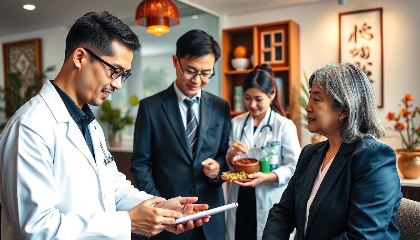 A team of traditional Chinese medicine specialists based in Sha Tin, featuring five professionals from diverse backgrounds. In the foreground, two physicians are consulting over a patient’s diagnosis, showcasing an atmosphere of teamwork and commitment. They wear professional business attire, conveying a sense of expertise and trust. In the middle ground, a practitioner is seen preparing herbal remedies, surrounded by medicinal herbs, gaining focus to the personalized treatment aspect. The background reveals a serene clinic setting with traditional Chinese decor, soft lighting to emphasize a calm and inviting atmosphere. The overall mood is one of professionalism and health, depicting the integration of traditional and modern medical approaches in dermatology.