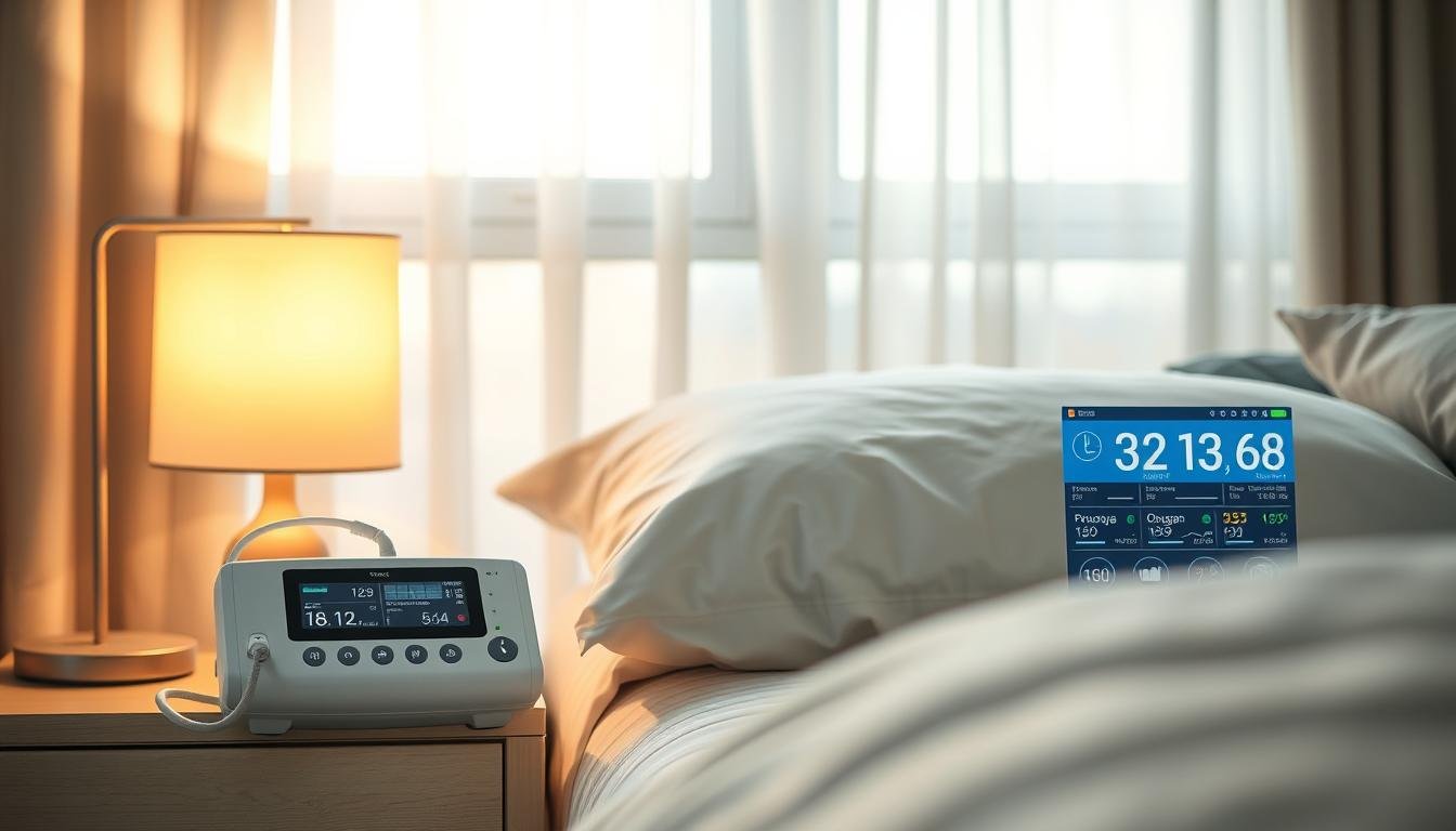 A detailed scene showcasing a modern sleep apnea machine, elegantly placed on a bedside table next to a digital display showing health metrics like heart rate, oxygen levels, and sleep quality. In the foreground, a bedside lamp emits a warm, inviting glow. The midground features a neatly made bed with soft pillows, suggesting a cozy and restful environment. In the background, a gentle view of a calm bedroom window with curtains slightly drawn, allowing soft natural light to filter in. The atmosphere feels serene and reassuring, emphasizing the importance of health monitoring after discontinuing the machine. Focus on clarity and realism, using a soft focus lens effect to enhance the tranquility of the setting. No people are present, ensuring a clean, professional look.